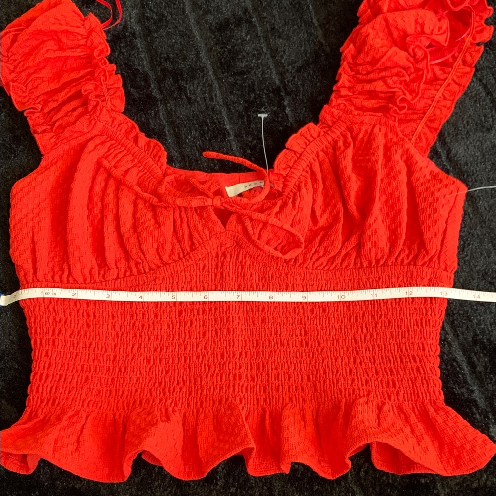 Lush Red Ruffled Smocked Sweetheart Neckline Candy Red Tie-Front Crop Top Size S - Picture 7 of 10
